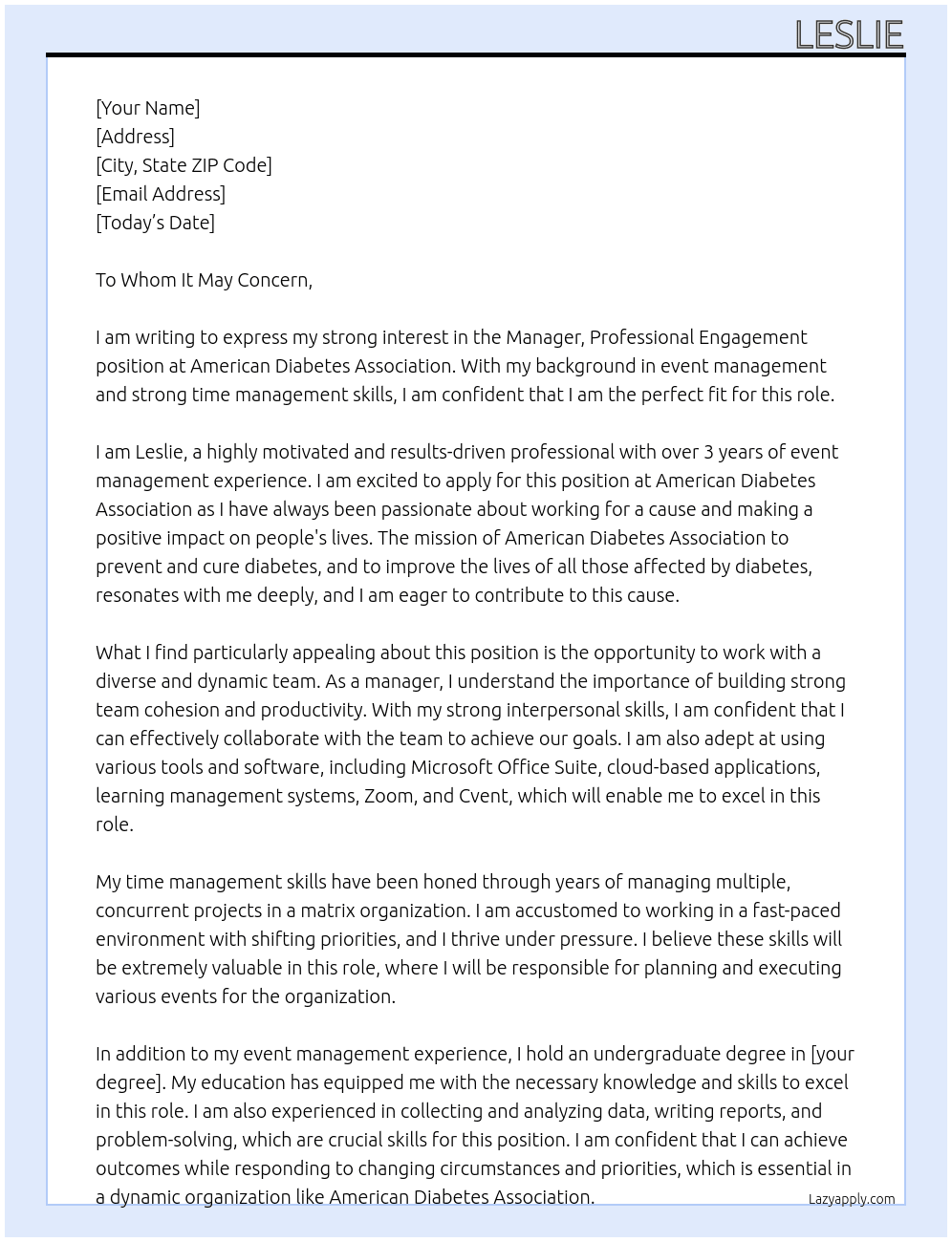 Manager, Professional Engagement At American Diabetes Association Cover Letter