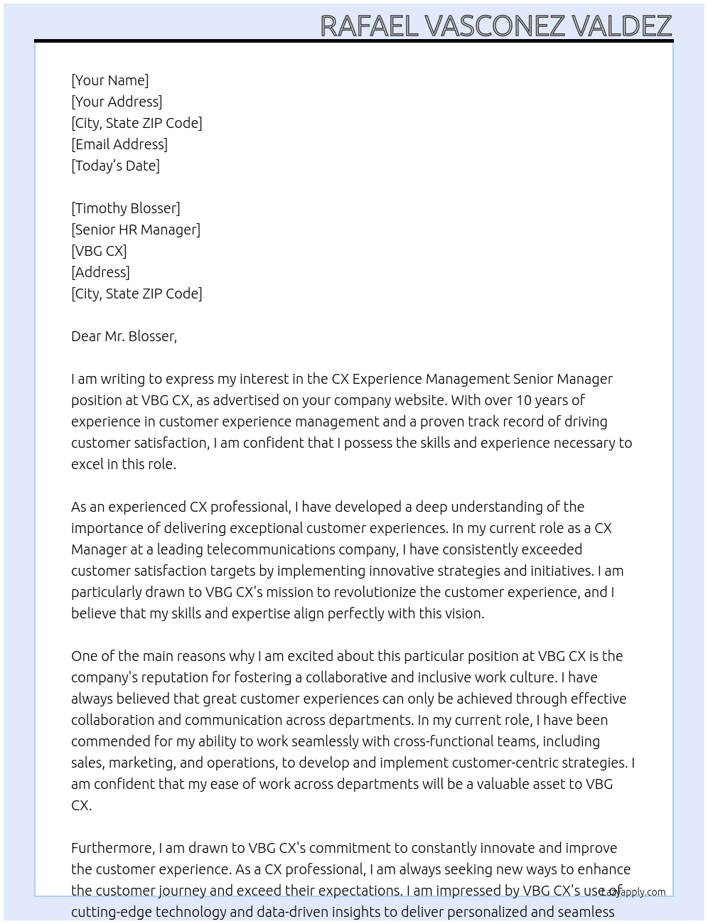 CX Experience Management Senior Manager At VBG CX Cover Letter