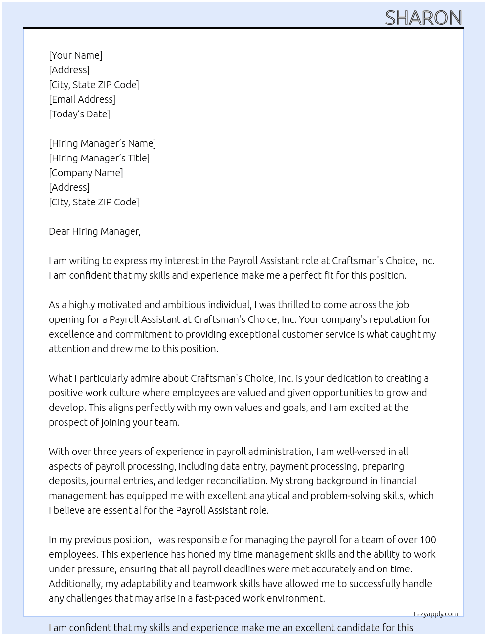 Payroll Assistant At Craftsman's Choice, Inc. - Remote Cover Letter