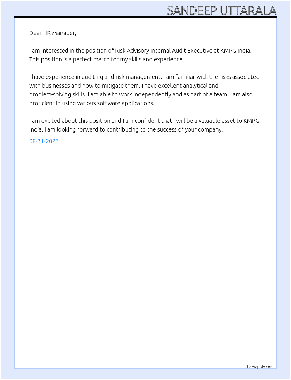 Risk Advisory Internal Audit Executive At KMPG India Cover Letter