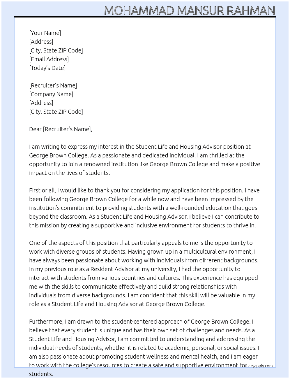 Student Life and Housing Advisor At George Brown College Cover Letter