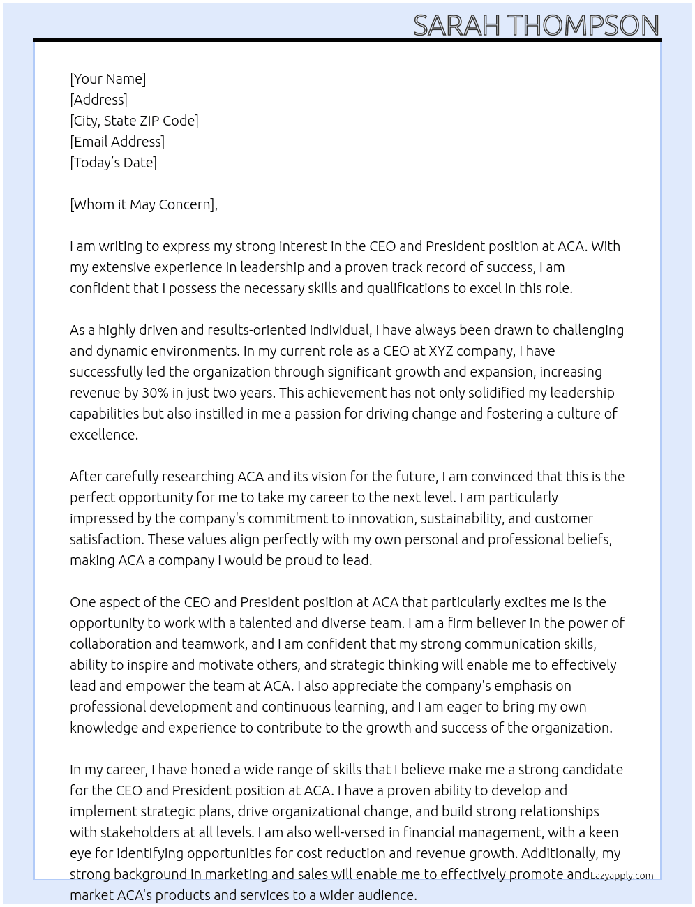 CEO and President  At ACA Cover Letter