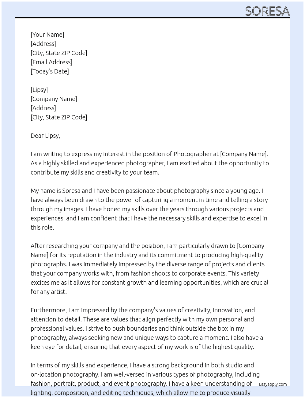 Photographer  At Lipsy Cover Letter