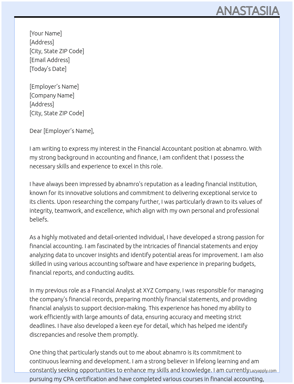 Financial Accountant At abnamro Cover Letter