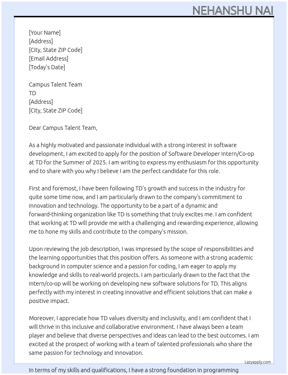 Software Developer Intern/Co-op (Summer 2025) At TD Cover Letter