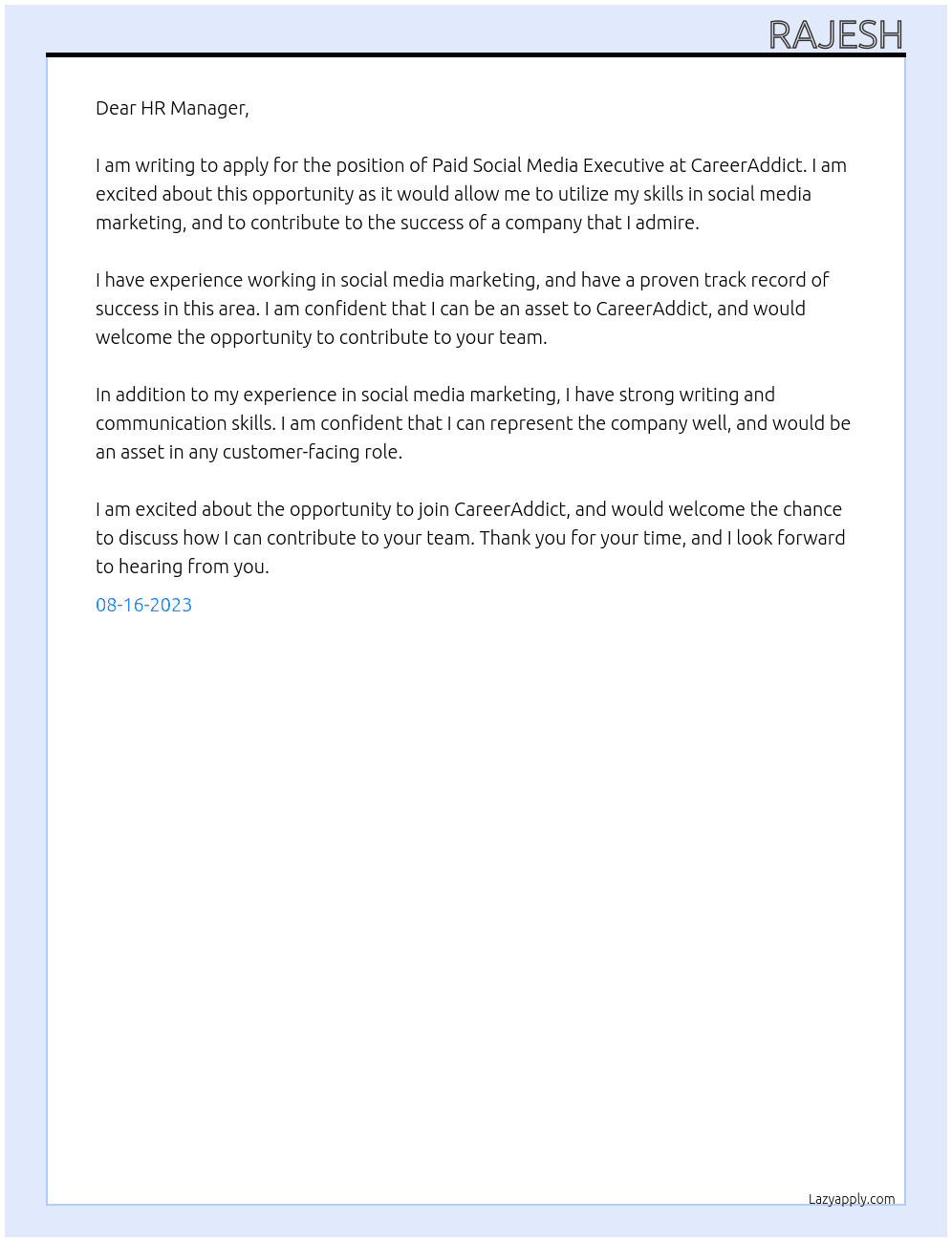 Paid Social Media Executive At CareerAddict Cover Letter