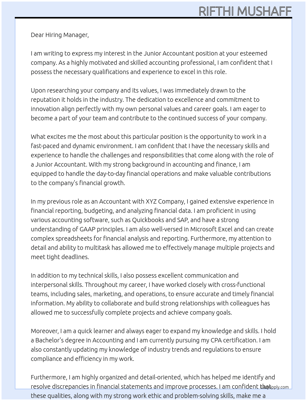 junior accountant At reputed company  Cover Letter