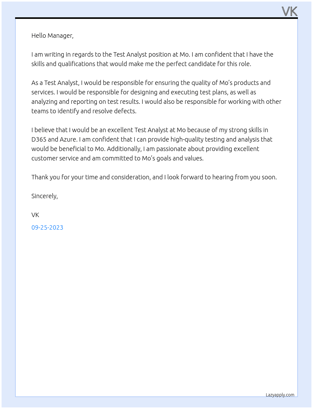 Test Analyst At Mo Cover Letter