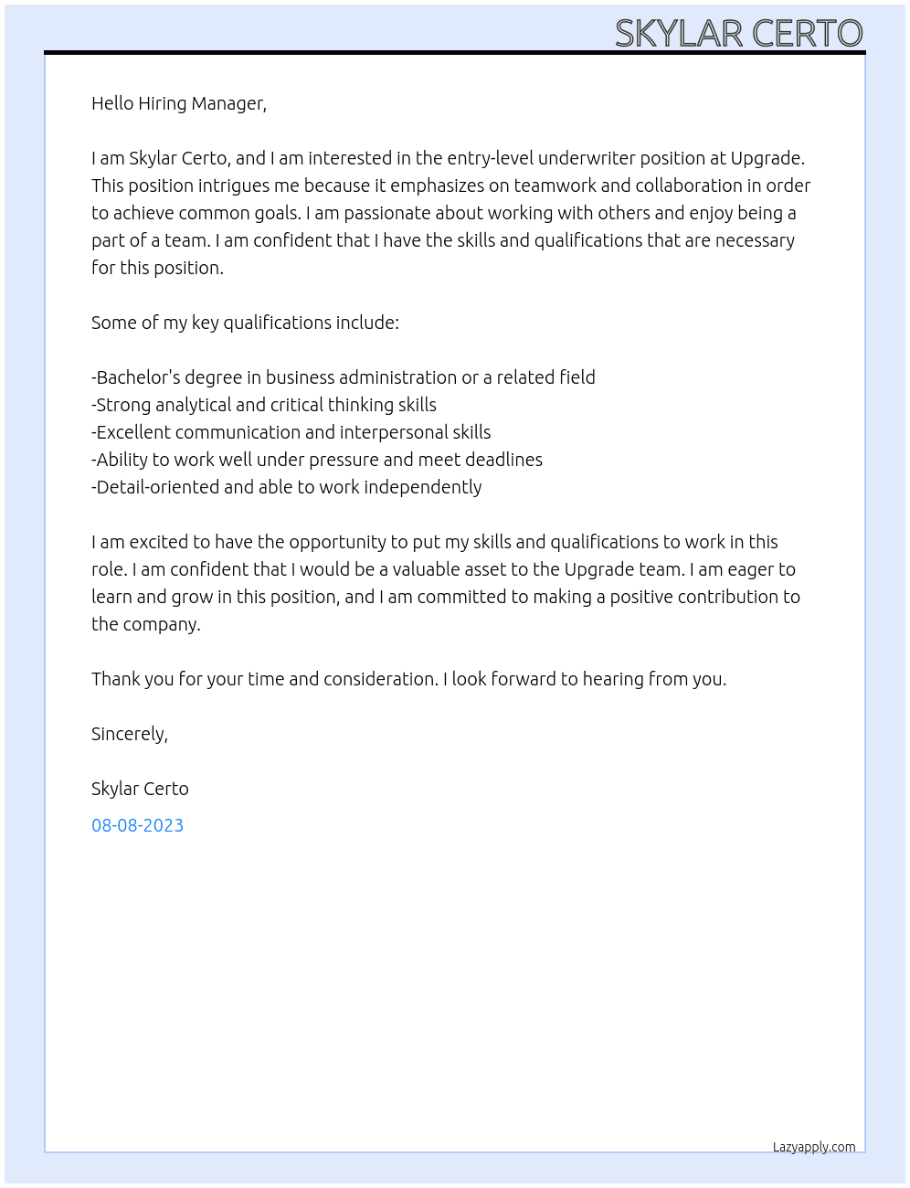 Entry Level Underwriter At Upgrade Cover Letter