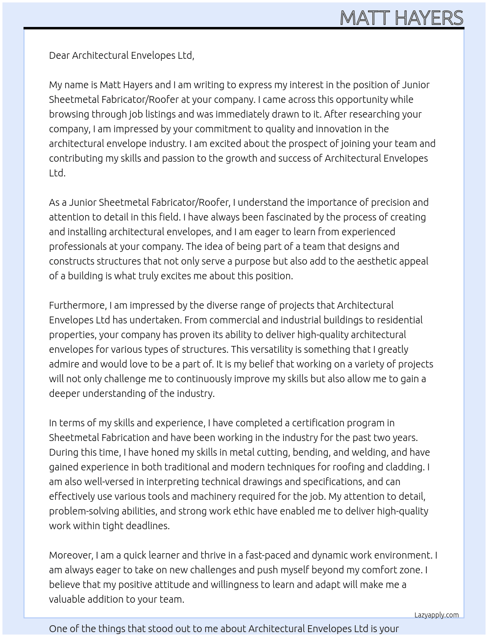 Junior Sheetmetal Fabricator / Roofer At Architectural Envelopes Ltd Cover Letter