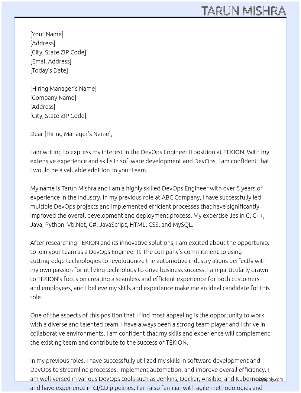 DevOps Engineer II At TEKION Cover Letter