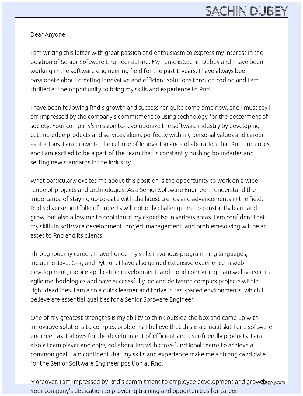 Senior SOftware Engineer At Rnd Cover Letter