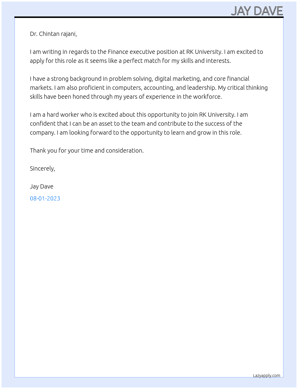 Finance executive  At RK University  Cover Letter
