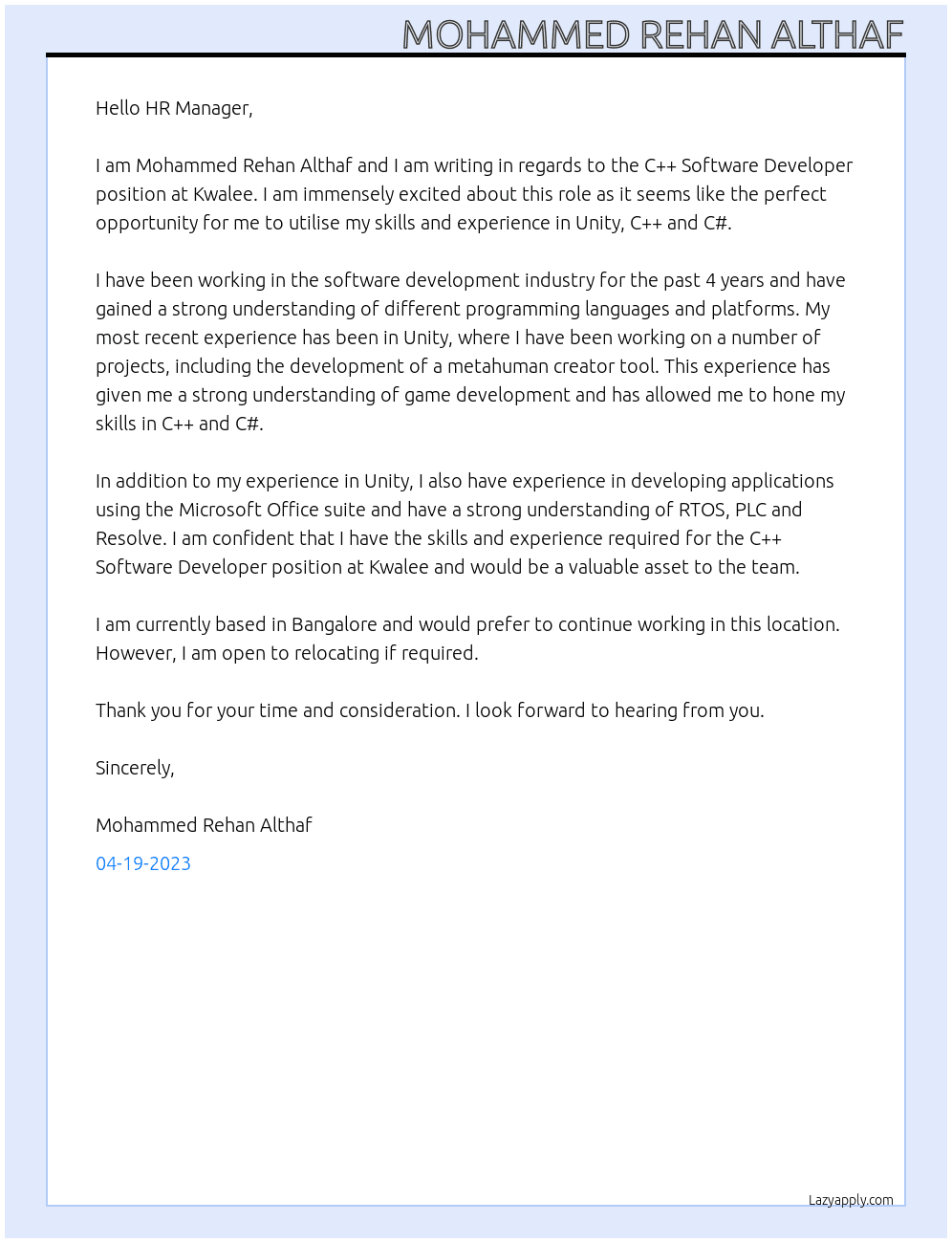 C++ Software Developer At Kwalee Cover Letter