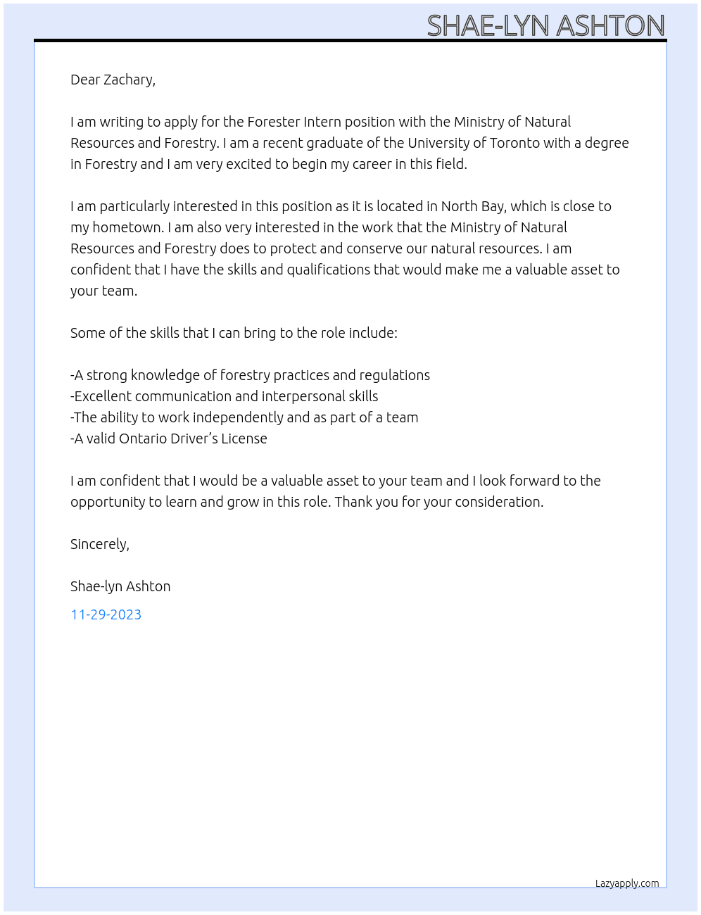 Forester intern  At Ministry of Natural Resources and Forestry  Cover Letter