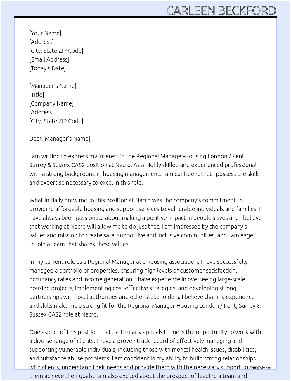 Regional Manager-Housing London / Kent, Surrey & Sussex CAS2 At Nacro Cover Letter