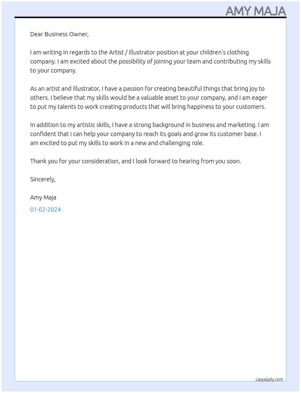 Artist / Illustrator At chidren's clothing company Cover Letter