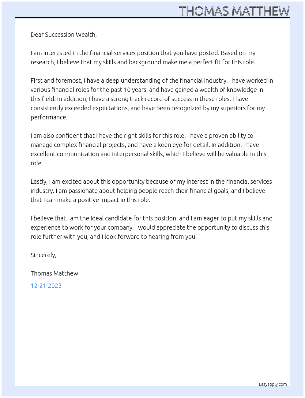 Financial Services At Succession Wealth Cover Letter