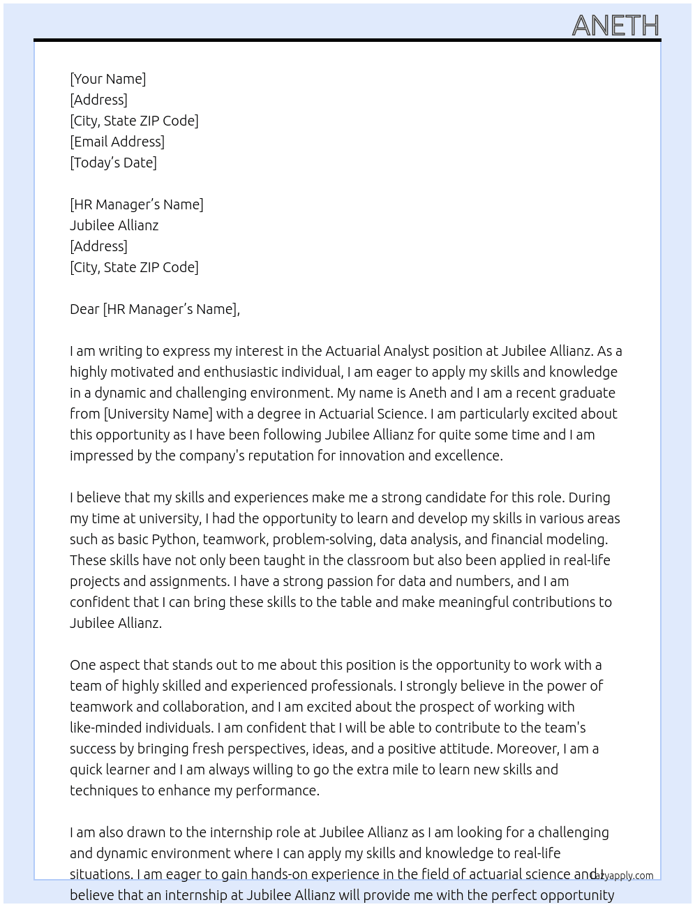 actuarial analyst At Jubilee Allianz Cover Letter