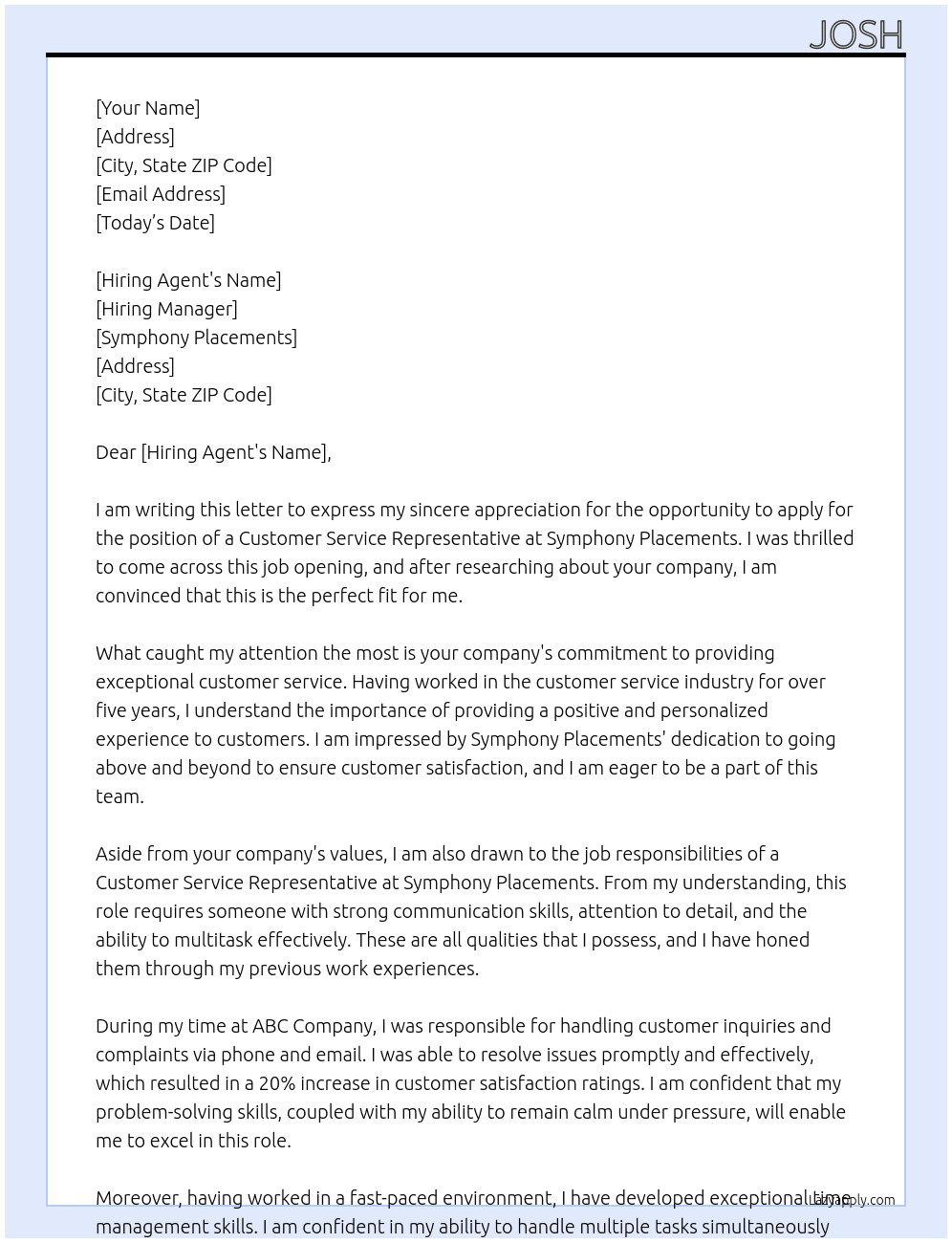 Customer Service Representative At Symphony Placements Cover Letter