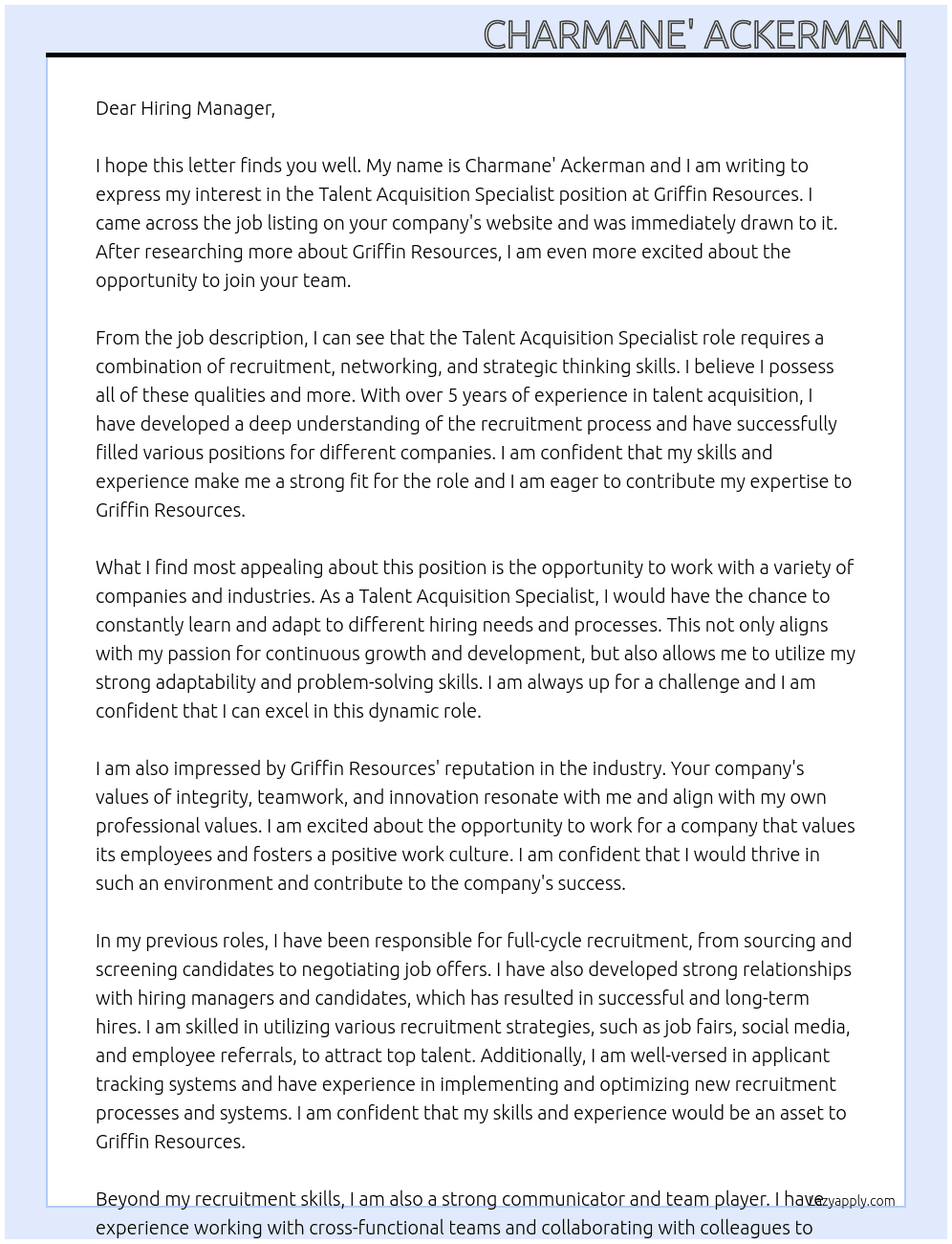 Talent Acquisition Specialist At Griffin Resources Cover Letter