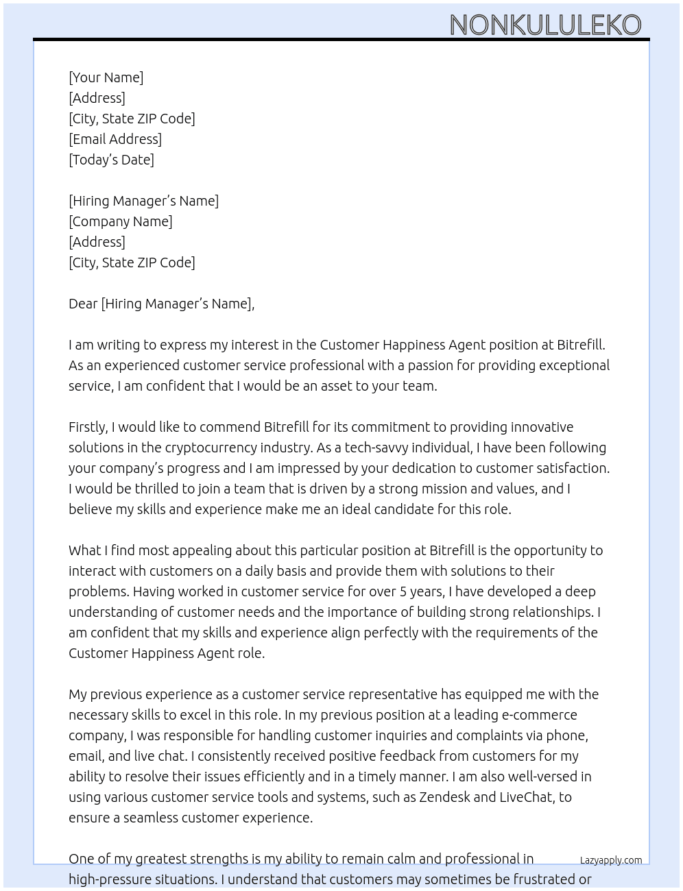 Customer Happiness Agent At Bitrefill Cover Letter