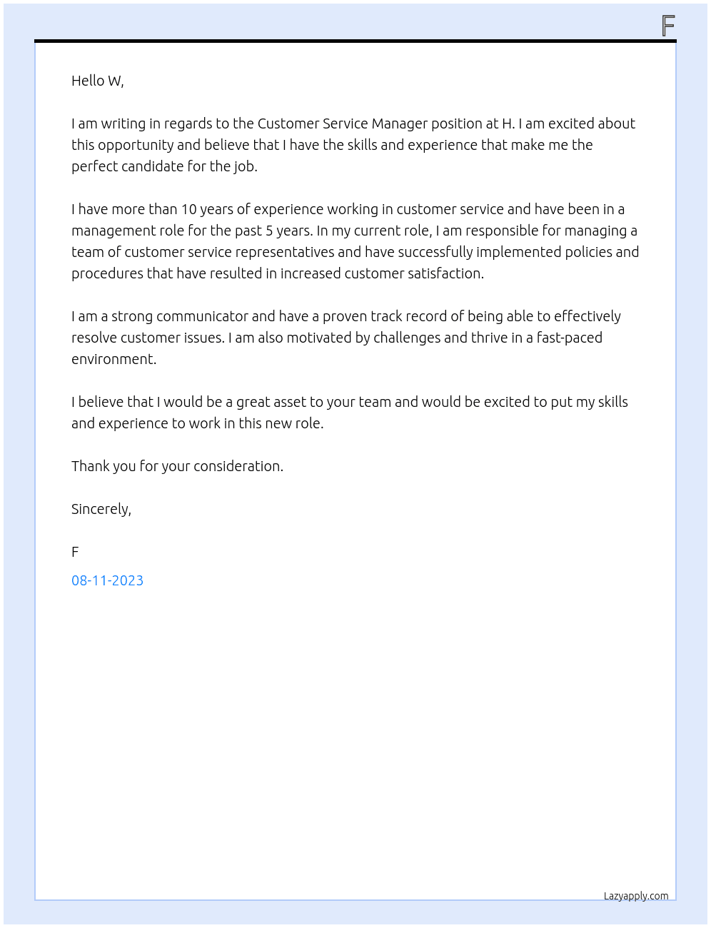Customer Service Manager At h Cover Letter