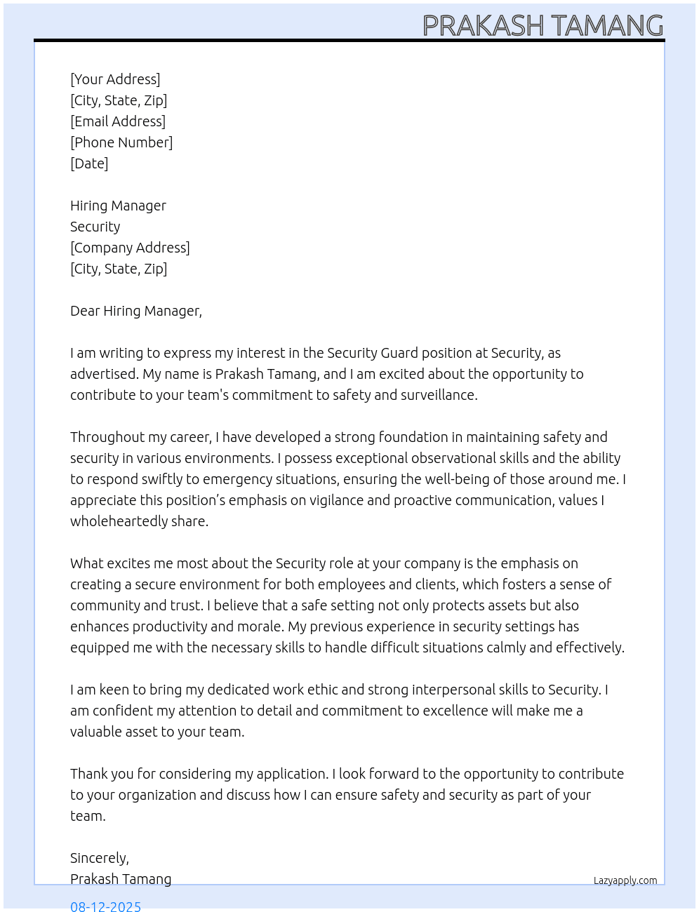 security guard At security Cover Letter