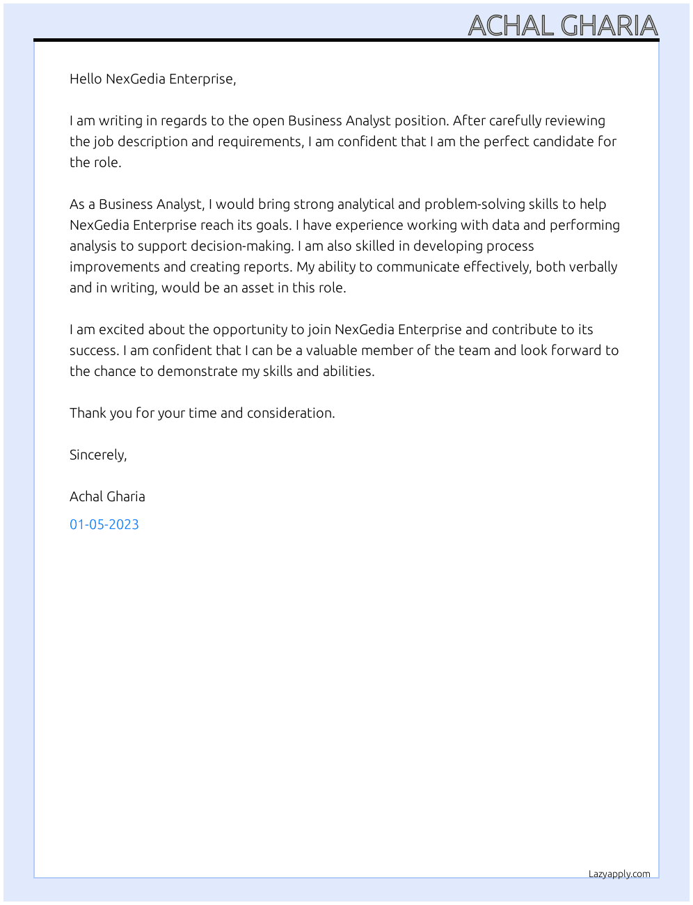 BUSINESS ANALYST At NexGedia Enterprise Cover Letter
