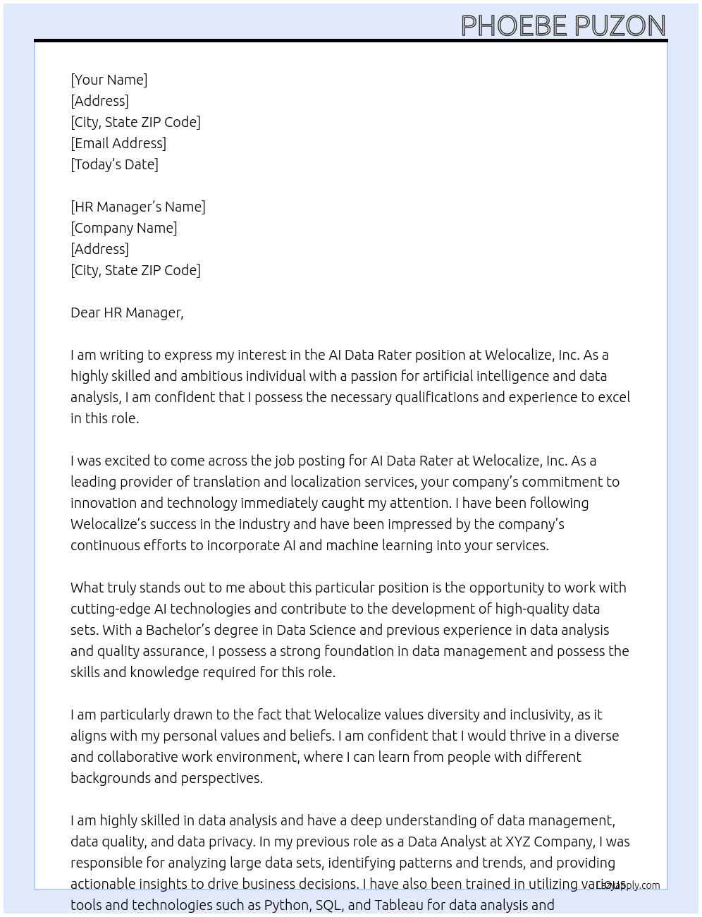 AI Data Rater At Welocalize, Inc. Cover Letter