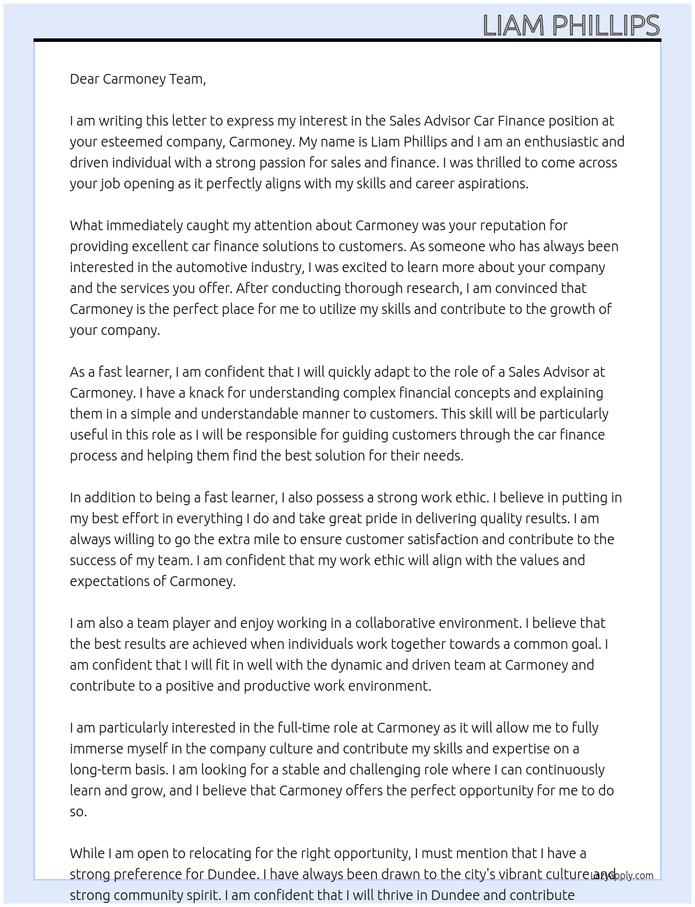 Sales advisor car finance At Carmoney Cover Letter