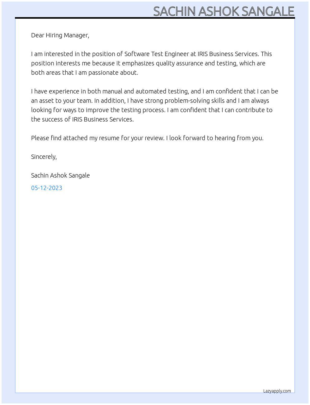 Software Test Engineer At IRIS Business Services Cover Letter
