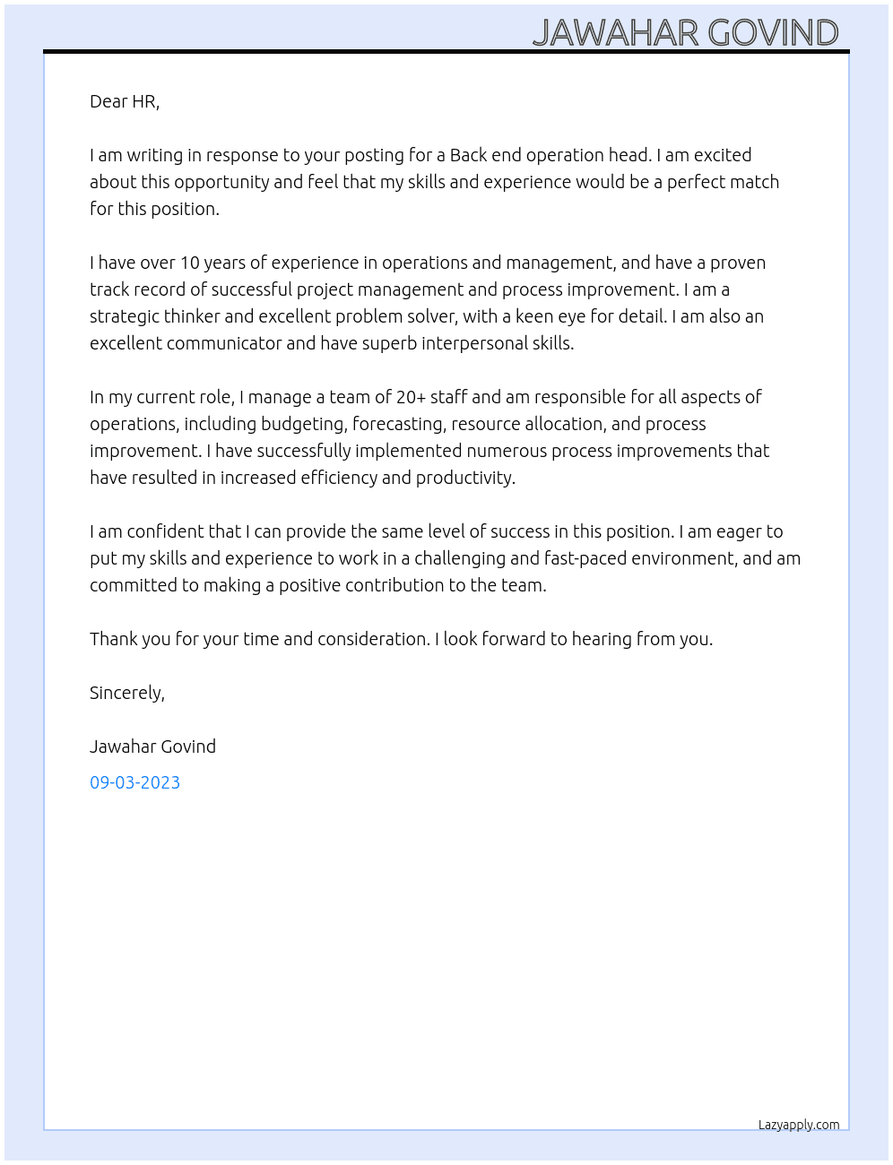 Back end operation head. At Drona Academy  Cover Letter