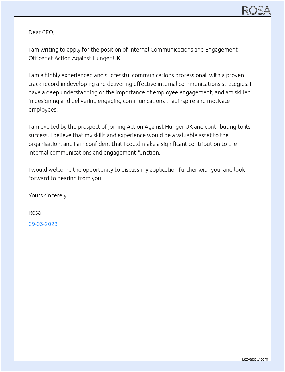 Internal Communications and Engagement Officer At Action Against Hunger UK Cover Letter