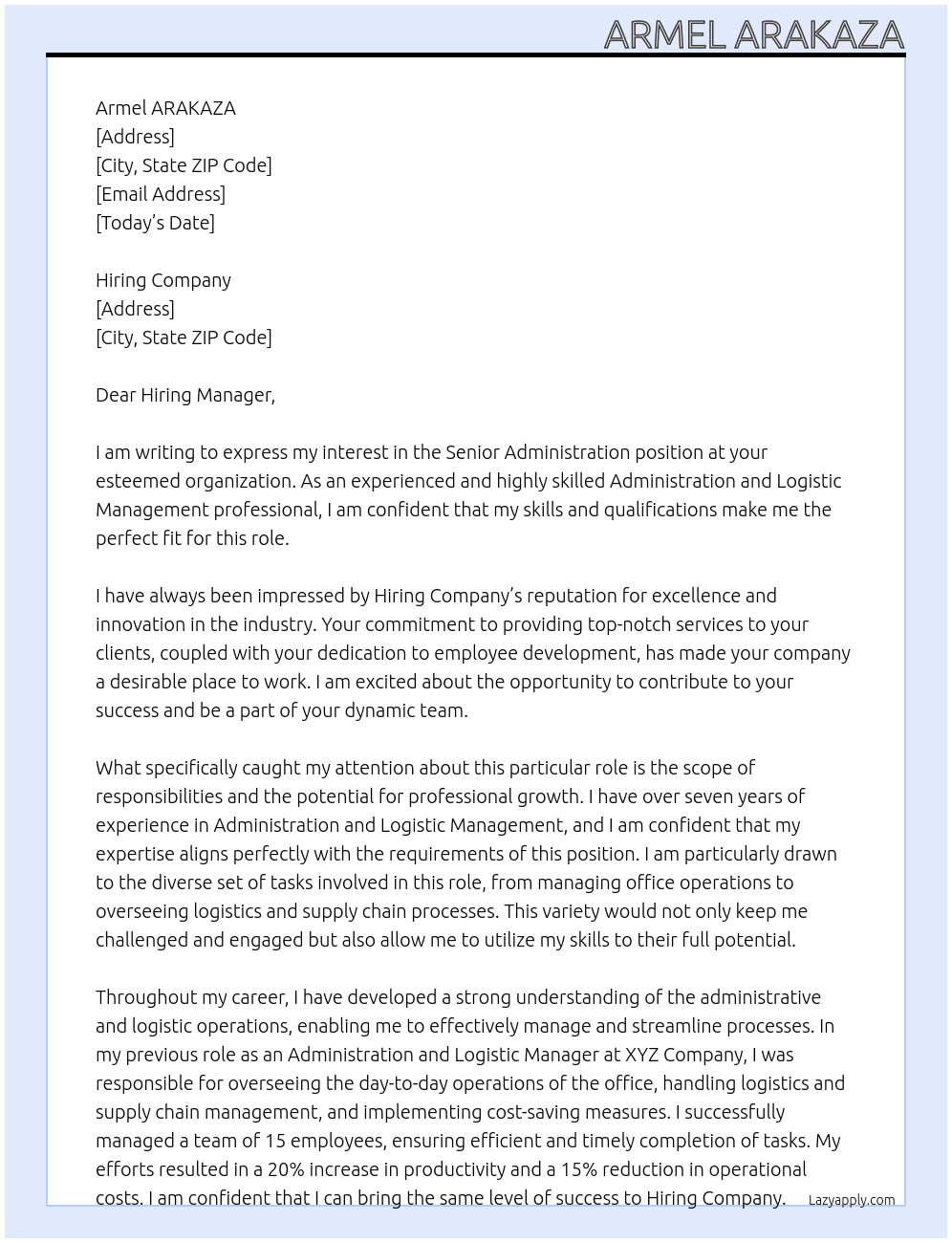 Senior Administration  At Hiring Company Cover Letter