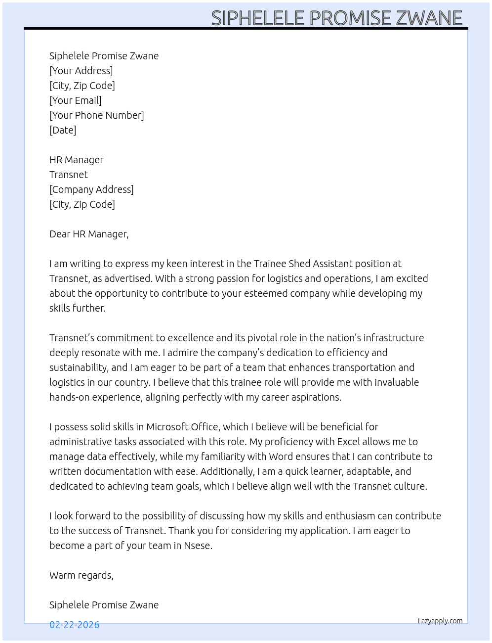 Trainee shed assistant At Transnet  Cover Letter