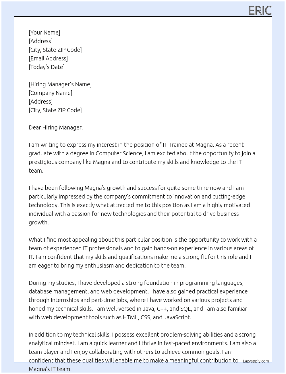 IT Trainee At Magna Cover Letter