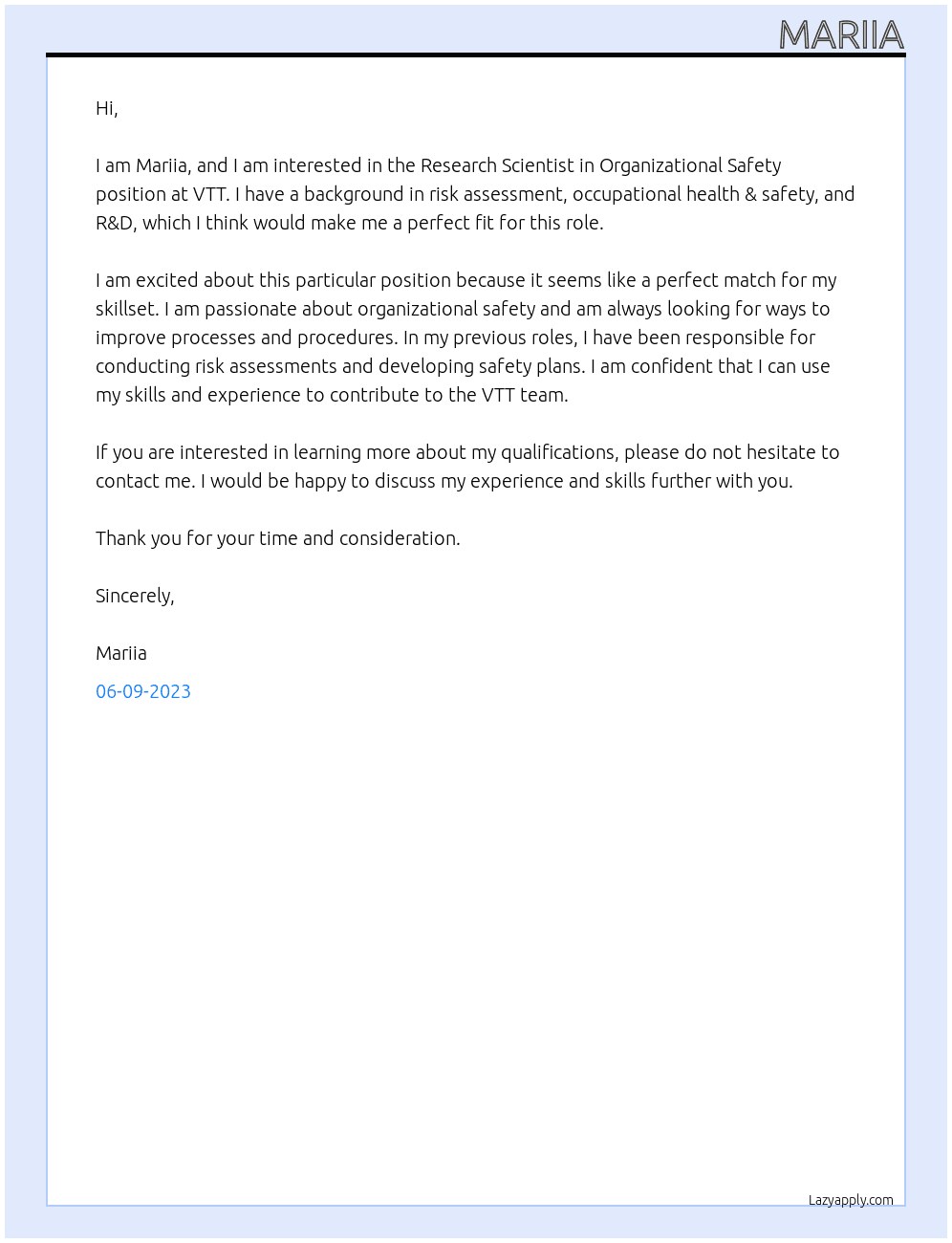 Research Scientist in Organizational Safety At VTT  Cover Letter