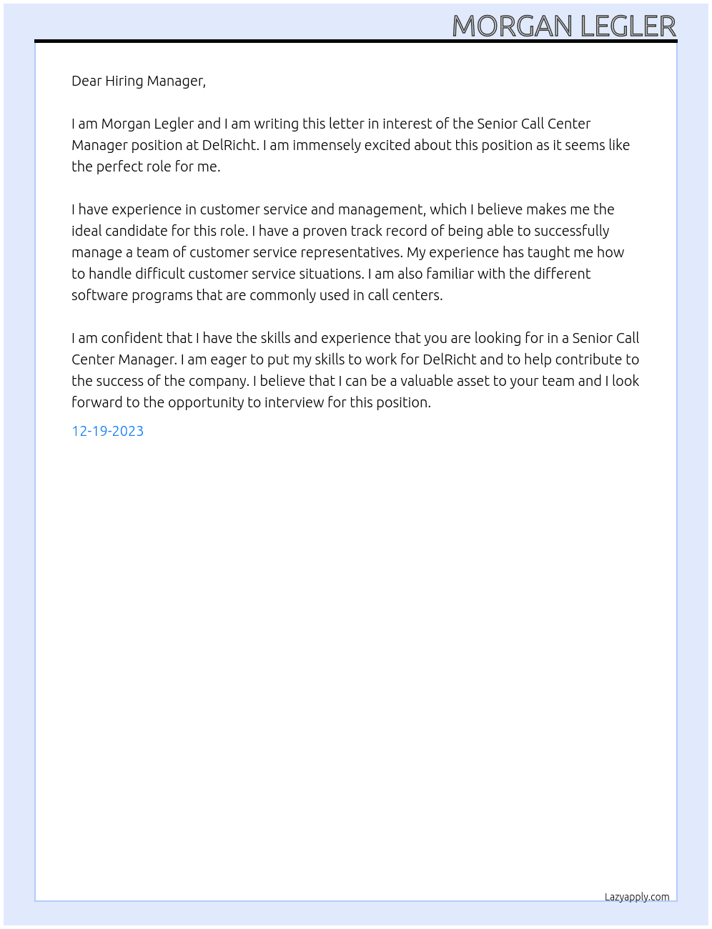 Senior Call Center Manager At DelRicht Cover Letter