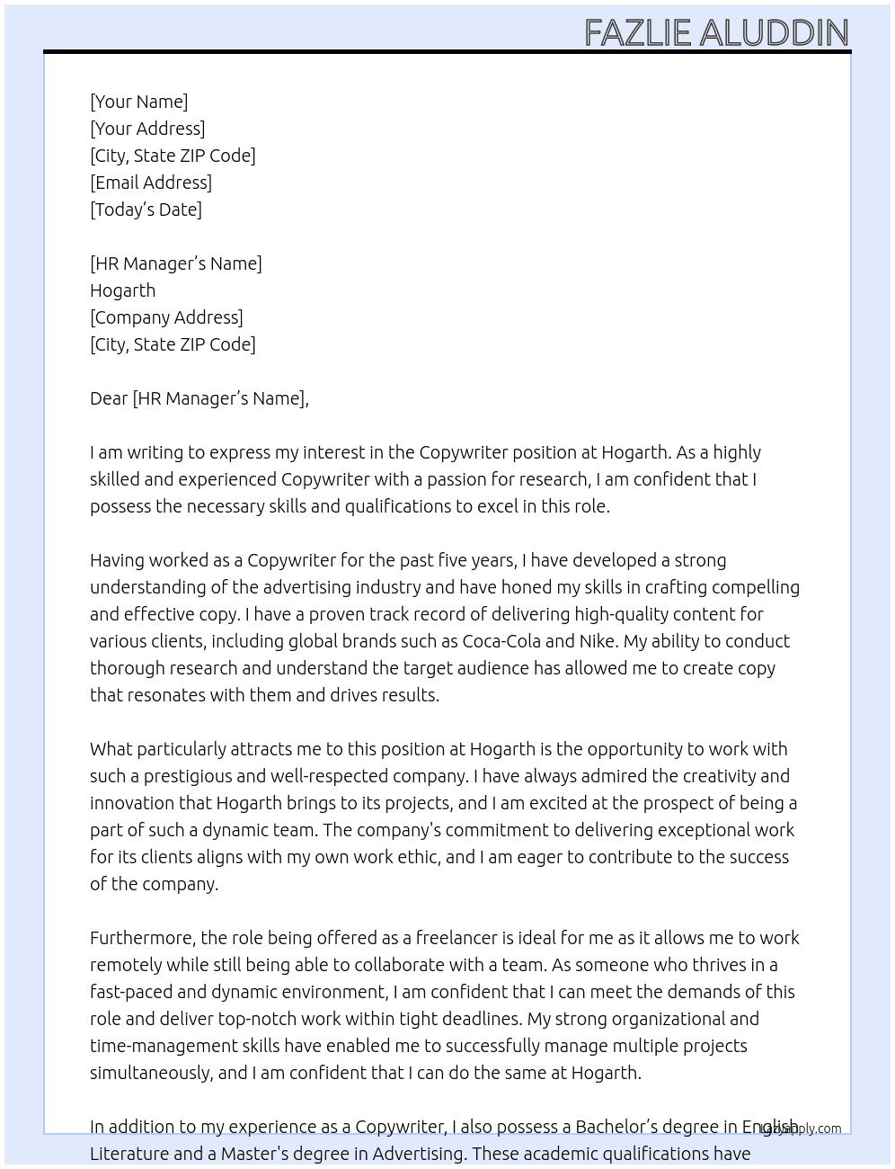 Copywriter  At Hogarth Cover Letter