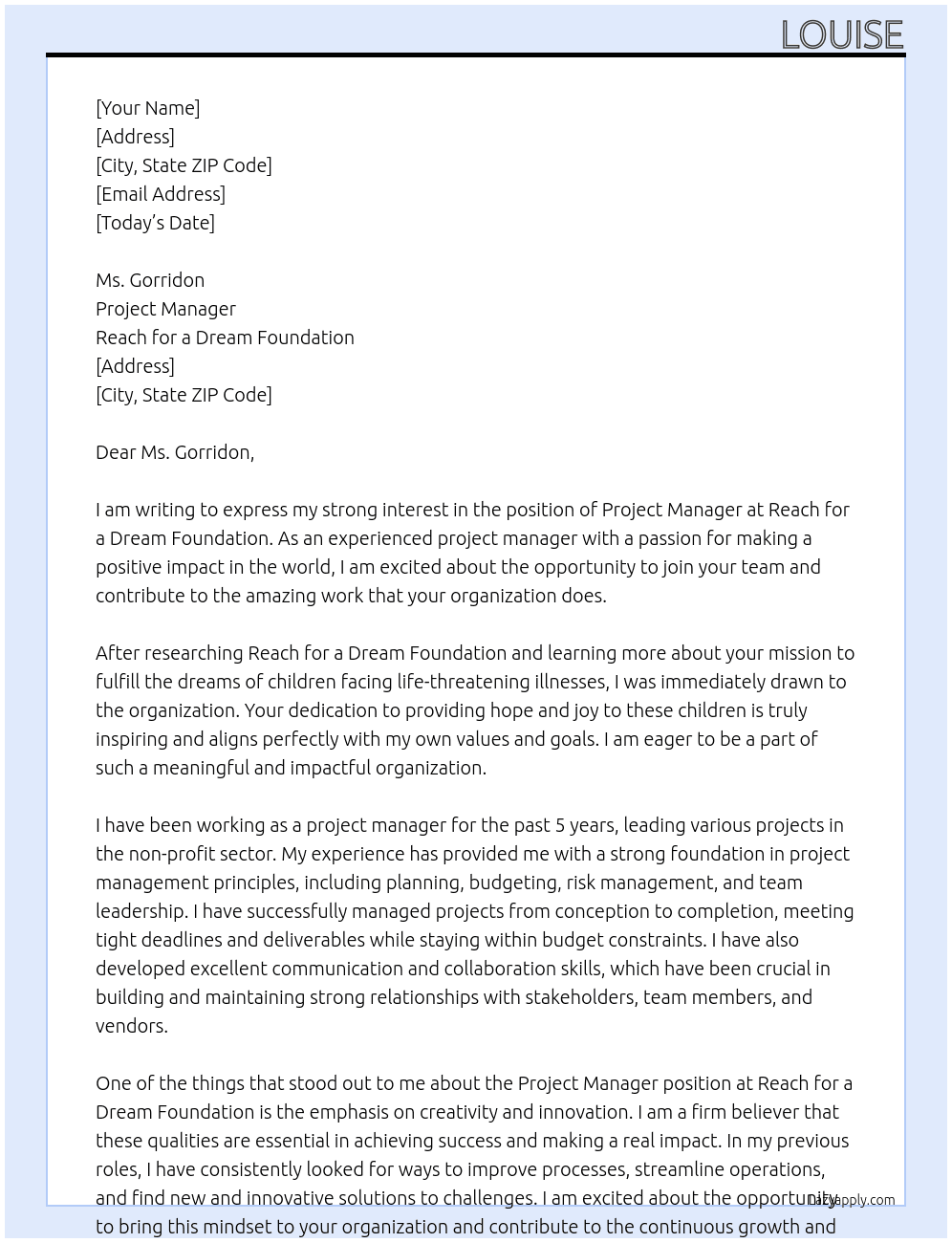 project manager At reach for a dream foundation Cover Letter