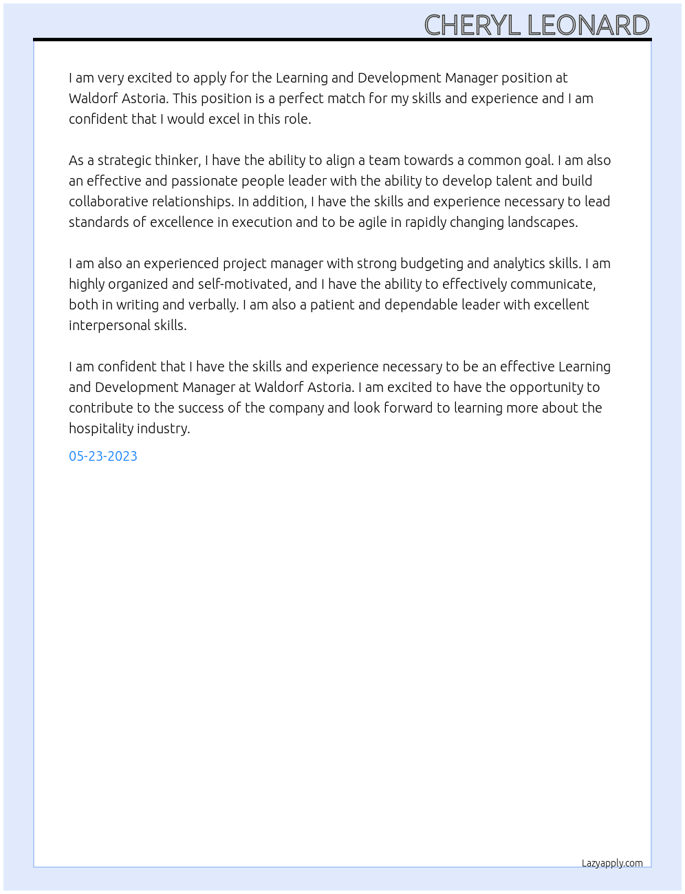 Learning and Development Manager At Waldorf Astoria Cover Letter