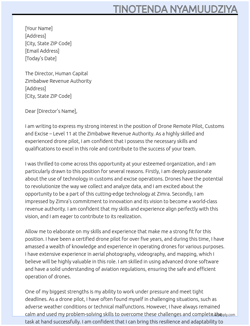 DRONE REMOTE PILOT, CUSTOMS AND EXCISE – LEVEL 11 At Zimbabwe Revenue Authority Cover Letter