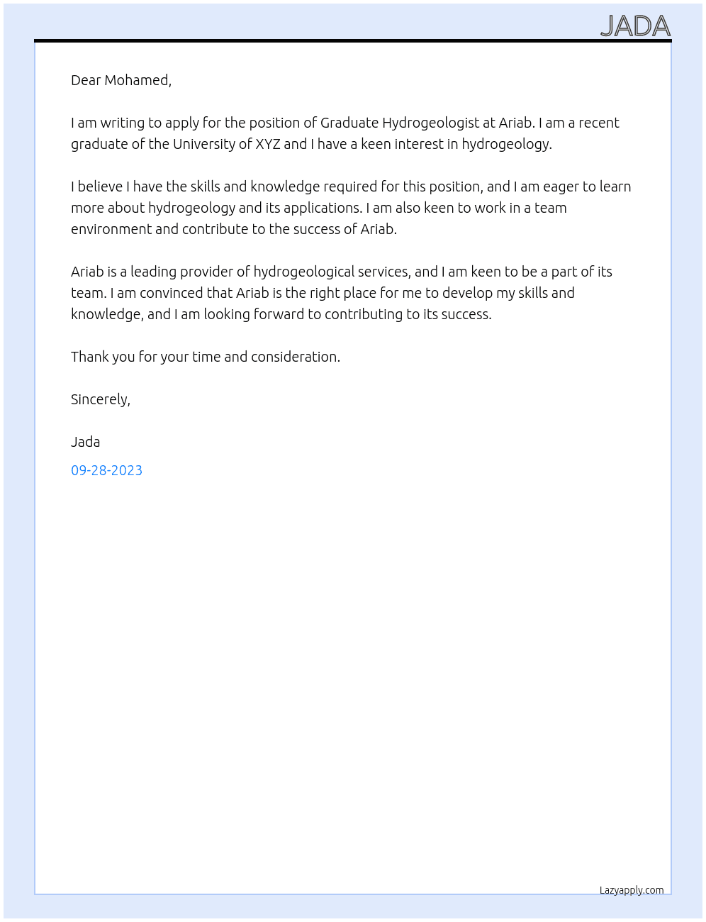 Gradute Hydrogeologist At Ariab Cover Letter
