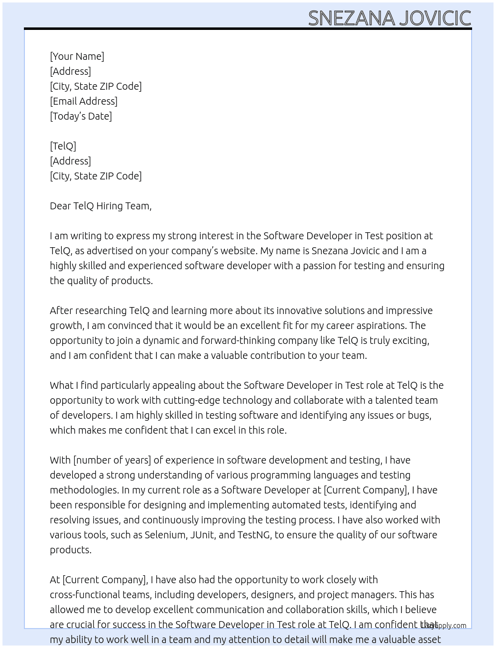 Software Developer in Test At TelQ Cover Letter