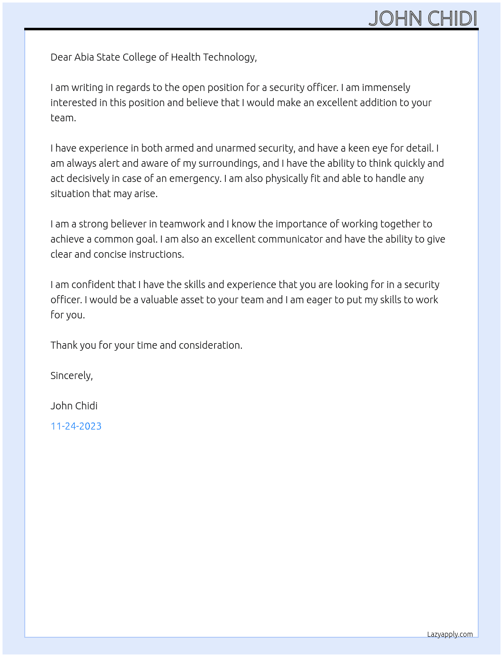 security officer At Jinsench Security outfit Cover Letter