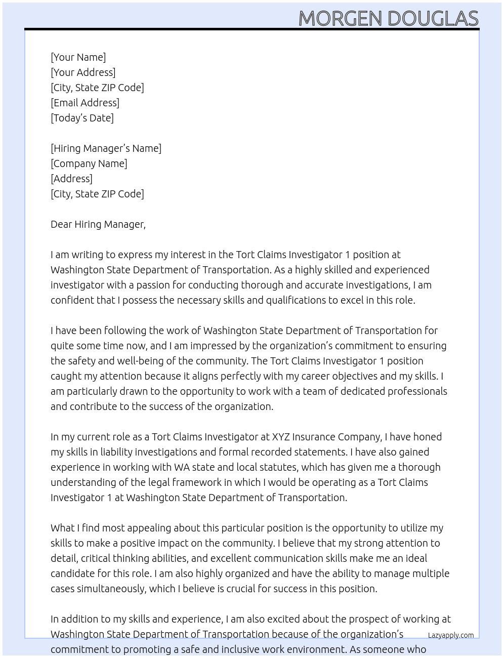 Tort Claims Investigator 1 At Washington State Department of Transportation Cover Letter