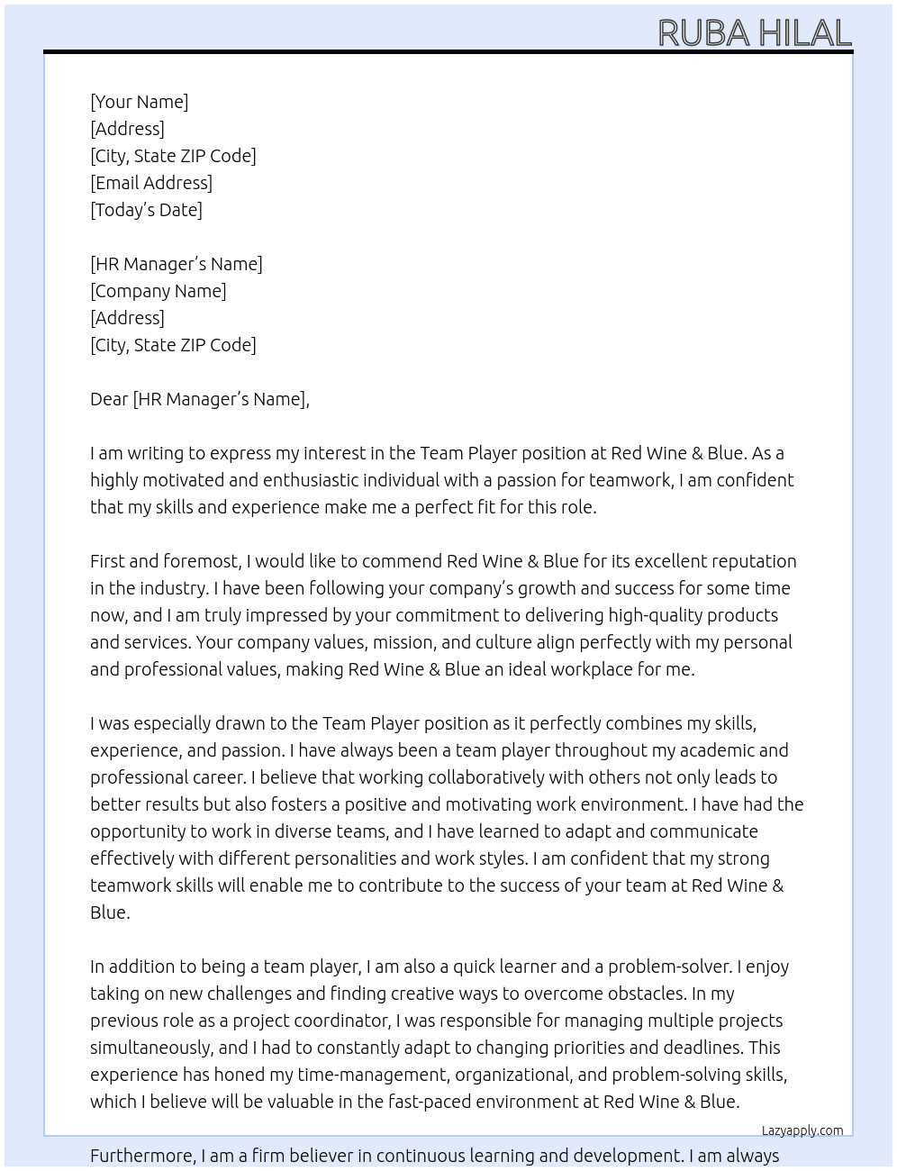 Team player At Red wine& Blue Cover Letter
