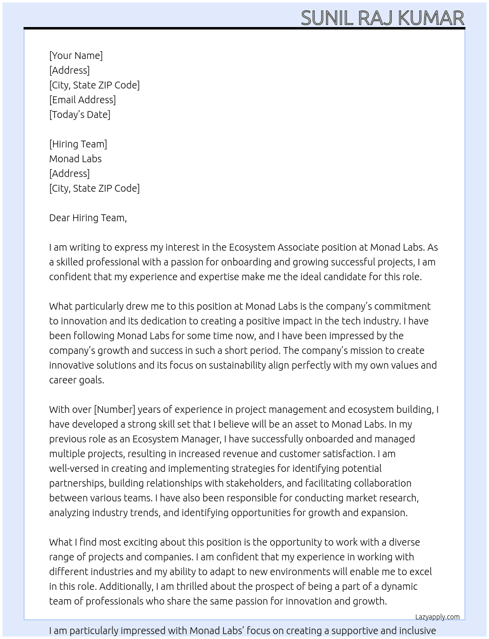 Ecosystem Associate At Monad Labs Cover Letter