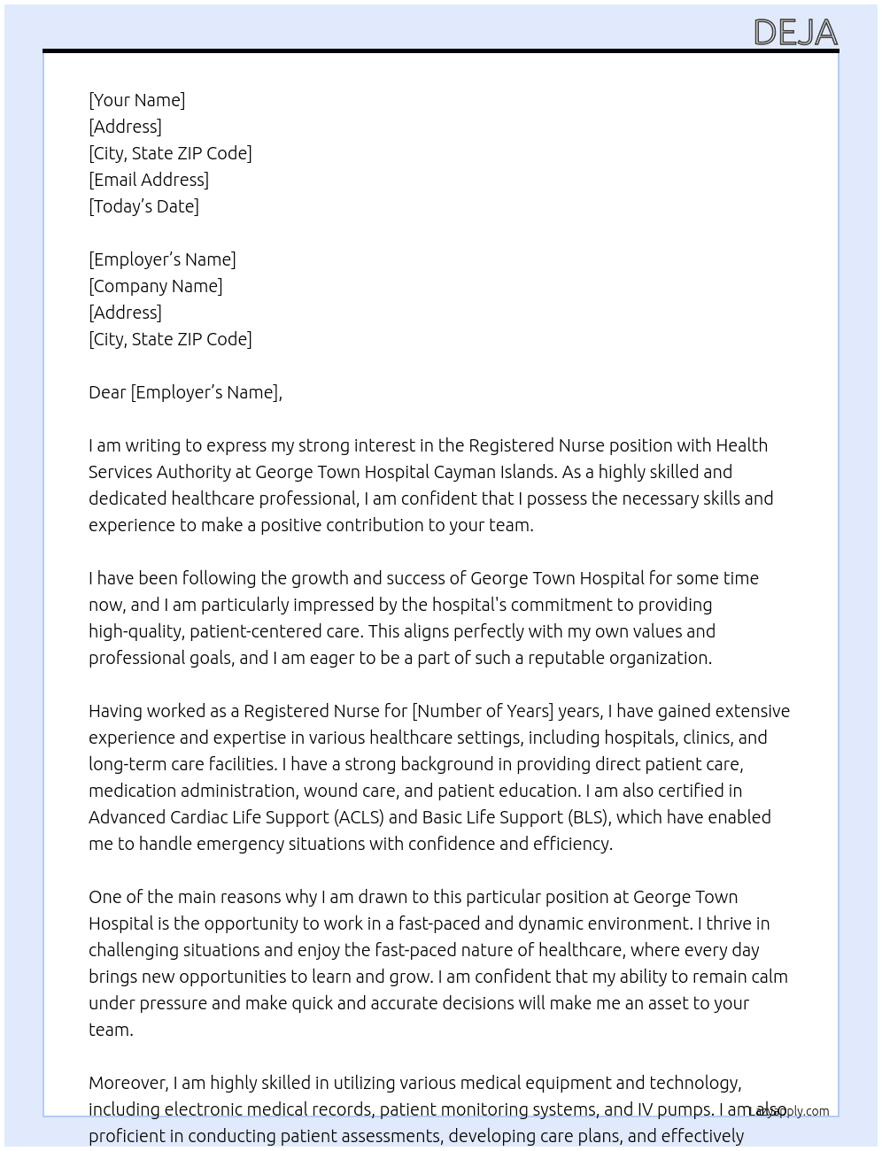 Registered Nurse  At George Town Hospital Cayman Islands Cover Letter
